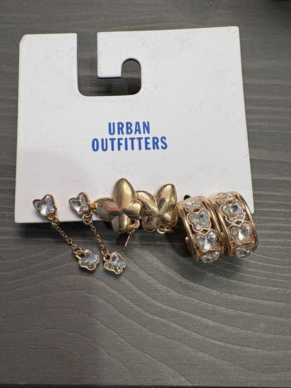 Urban Outfitters Gold Butterfly & Crystal Huggie and Drop Earring Set